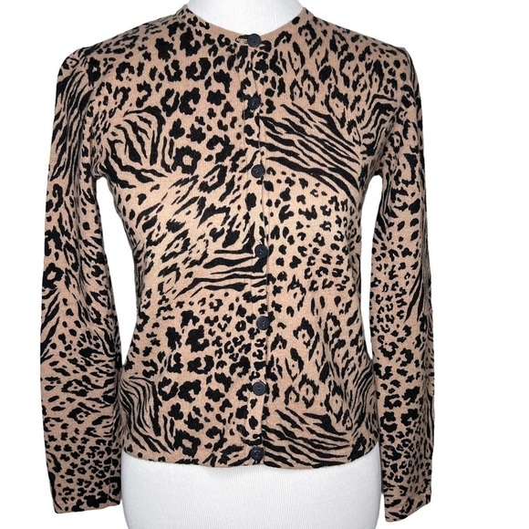 Nina Leonard Cheeta Print Cardigan Sweater Size S Lambswool Blend Lightweight - Picture 1 of 15